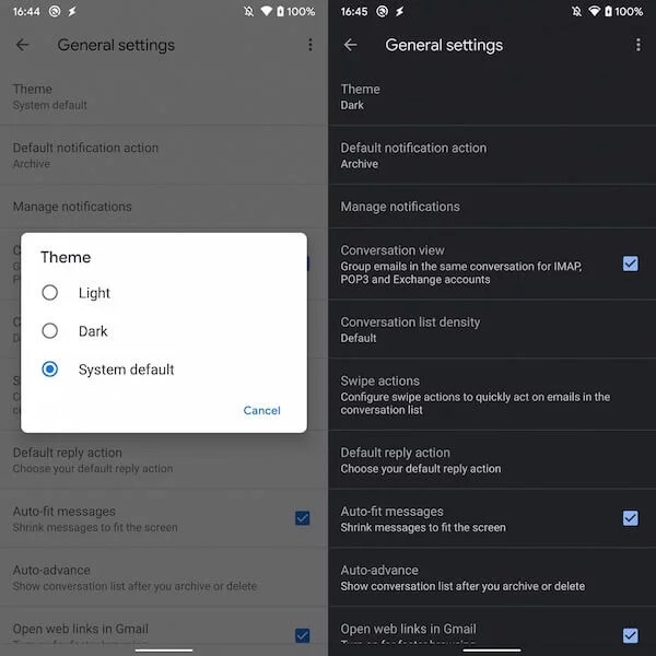 Нічна тема в Gmail для Android